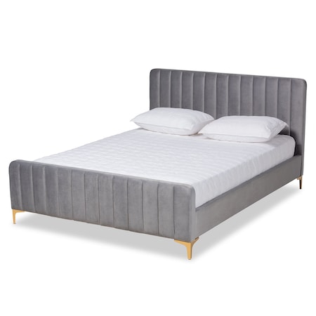 Baxton Studio Nami Modern Glam and Luxe Light Grey Velvet Fabric and Gold Finished King Size Platform Bed 174-11183-Zoro